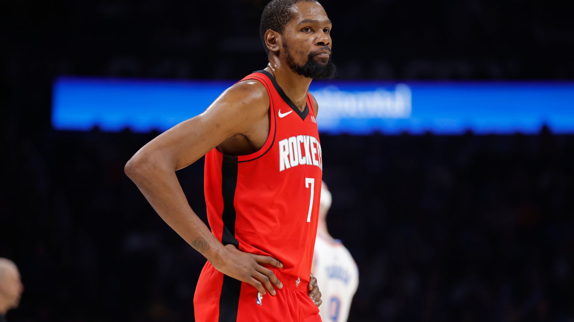 Houston Rockets forward Kevin Durant (7) walks onto the court after a time out against the Oklahoma City Thunder during the second half at Paycom Center.