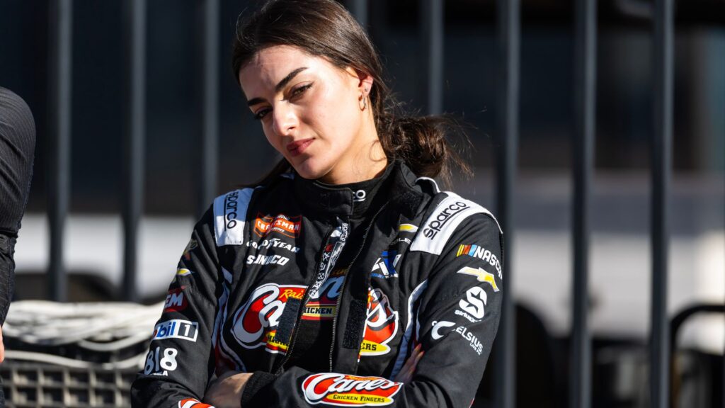 Feb 13, 2026; Daytona Beach, Florida, USA; NASCAR Truck Series driver Toni Breidinger reacts after failing to qualify for the Fresh from Florida 250 at Daytona International Speedway