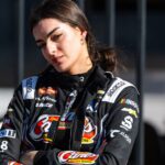 Feb 13, 2026; Daytona Beach, Florida, USA; NASCAR Truck Series driver Toni Breidinger reacts after failing to qualify for the Fresh from Florida 250 at Daytona International Speedway