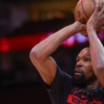 Feb 11, 2026; Houston, Texas, USA; Houston Rockets forward Kevin Durant (7) warms up before playing against the Los Angeles Clippers at Toyota Center