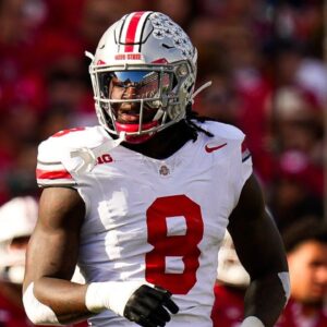 Ohio State Buckeyes linebacker Arvell Reese (8) reacts during the game against the Wisconsin Badgers at Camp Randall Stadium on Saturday, Oct. 18, 2025 in Madison, Wisconsin.