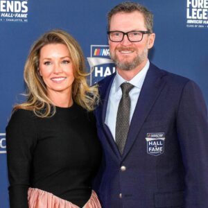 Jan 19, 2024; Charlotte, NC, USA; Dale Earnhardt Jr. and his wife Amy during the red carpet at Charlotte Convention Center Crown Ballroom