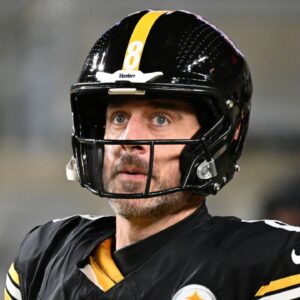 Pittsburgh Steelers quarterback Aaron Rodgers (8) warms up before an AFC Wild Card Round game against the Houston Texans at Acrisure Stadium.