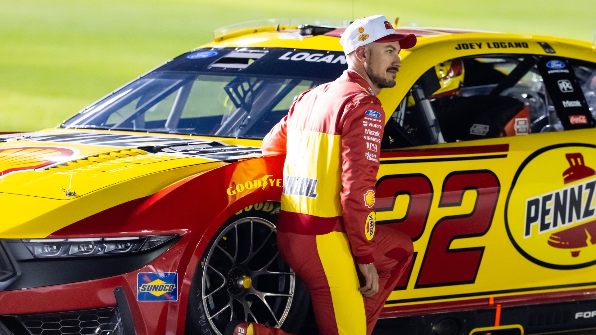 Feb 11, 2026; Daytona Beach, Florida, USA; NASCAR Cup Series driver Joey Logano (22) during qualifying for the Daytona 500 at Daytona International Speedway