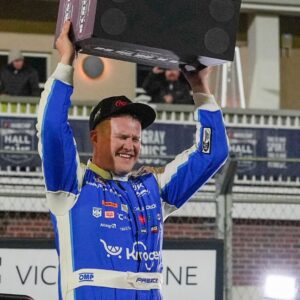 Feb 4, 2026; WInston-Salem, North Carolina, USA; NASCAR Cup Series driver Ryan Preece (60) celebrates his win during the Cook Out Clash at Bowman Gray Stadium