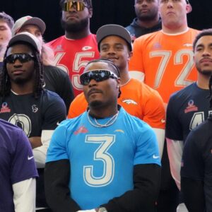 Baltimore Ravens linebacker Roquan Smith (0), Los Angeles Chargers safety Derwin James (3) and Houston Texans cornerback Kamari Lassiter (4) pose during AFC practice at the Flag Fieldhouse Moscone Center South Building.