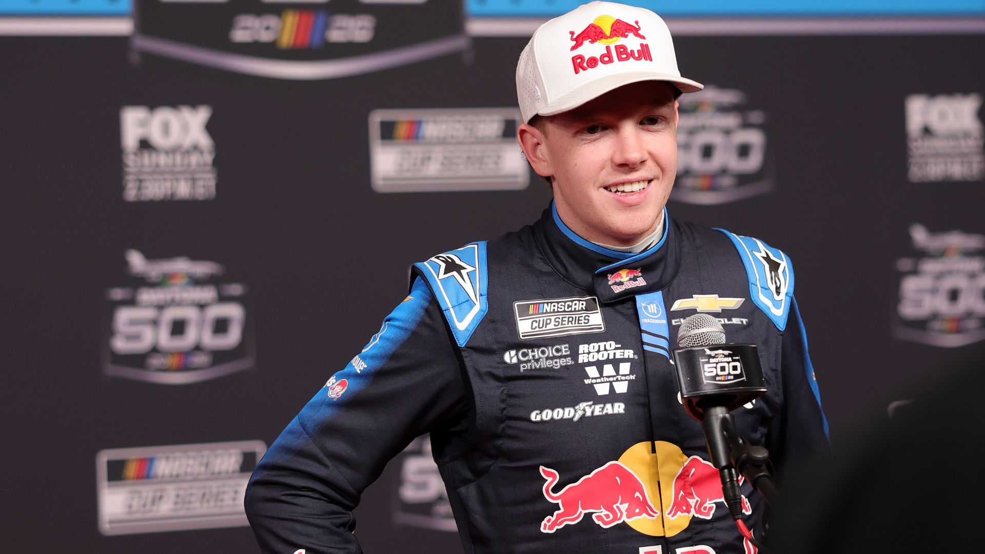 Feb 11, 2026; Daytona Beach, Florida, USA; NASCAR Cup Series driver Connor Zilisch (88) speaks to the media during the Daytona 500 Media Day at Daytona International Speedway