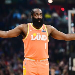 Feb 24, 2026; Cleveland, Ohio, USA; Cleveland Cavaliers guard James Harden (1) celebrates after hitting a three point basket against the New York Knicks during the second half at Rocket Arena