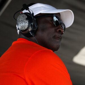 NASCAR Cup Series owner Michael Jordan looks on from atop his team’s pit box during the Go Bowling at The Glen at Watkins Glen International.