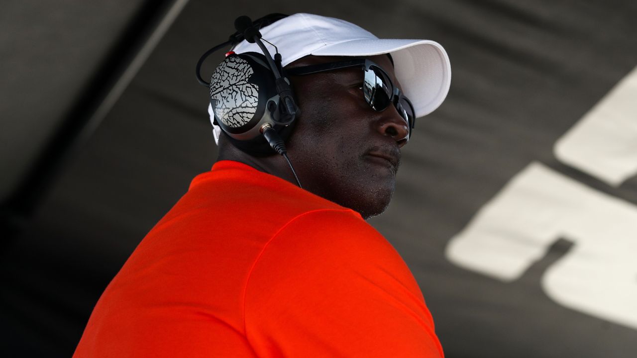NASCAR Cup Series owner Michael Jordan looks on from atop his team’s pit box during the Go Bowling at The Glen at Watkins Glen International.