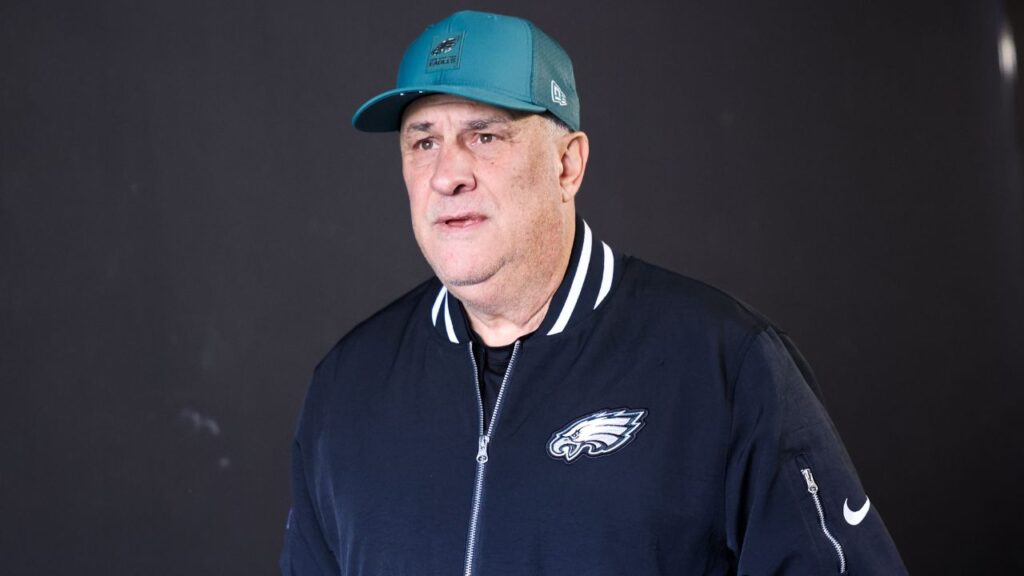 Philadelphia Eagles defensive coordinator Vic Fangio walks onto the field before the game against the Las Vegas Raiders at Lincoln Financial Field.