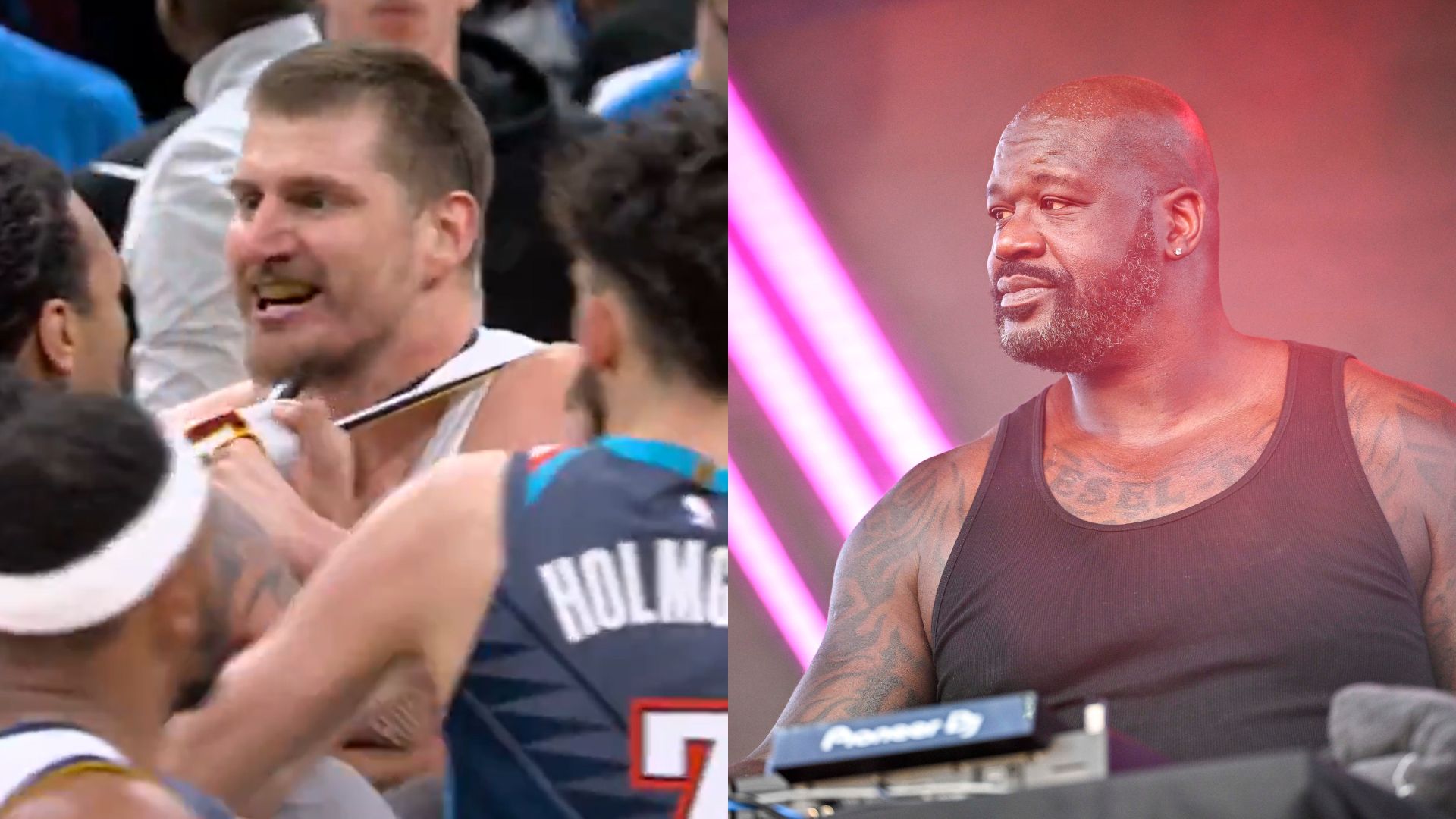 Nikola Jokic with Lu Dort (L) and Shaquille O'Neal (R)