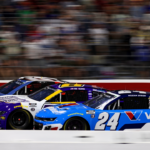 May 18, 2025; North Wilkesboro, North Carolina, USA; NASCAR Cup Series driver Kyle Busch (8), NASCAR Cup Series driver Brad Keselowski (6) and NASCAR Cup Series driver William Byron (24) during NASCAR All-Star Open at North Wilkesboro Speedway. Mandatory Credit: Peter Casey-Imagn Images