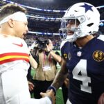 Kansas City Chiefs quarterback Patrick Mahomes (15) and Dallas Cowboys quarterback Dak Prescott (4) greet each other after the game at AT&T Stadium.