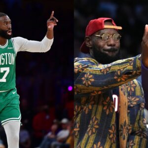 Jaylen Brown(L), LeBron James and Bronny James(R)