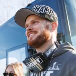 Seattle Seahawks quarterback Sam Darnold (14) reacts during Seattle Seahawks Super Bowl LX parade.