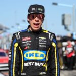 Feb 13, 2026; Daytona Beach, Florida, USA; NASCAR Truck Series driver Carson Hocevar (77) during truck series qualifying at Daytona International Speedway.