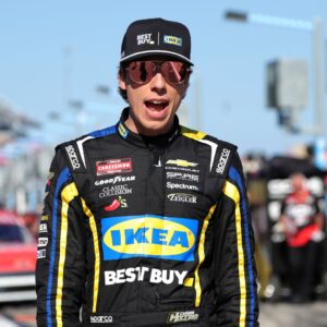 Feb 13, 2026; Daytona Beach, Florida, USA; NASCAR Truck Series driver Carson Hocevar (77) during truck series qualifying at Daytona International Speedway.