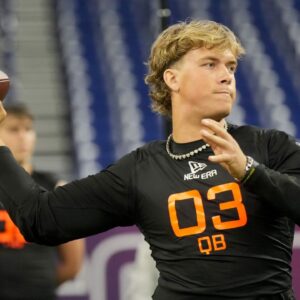 Mississippi quarterback Jaxson Dart (QB03) during the 2025 NFL Combine at Lucas Oil Stadium.