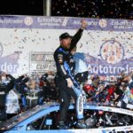 NASCAR driver Tyler Reddick celebrates the win at EchoPark Speedway.