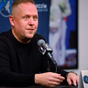 Sep 29, 2025; Minneapolis, MN, USA; Minnesota Timberwolves president of basketball operations Tim Connelly speaks to the media during media day at Target Center.