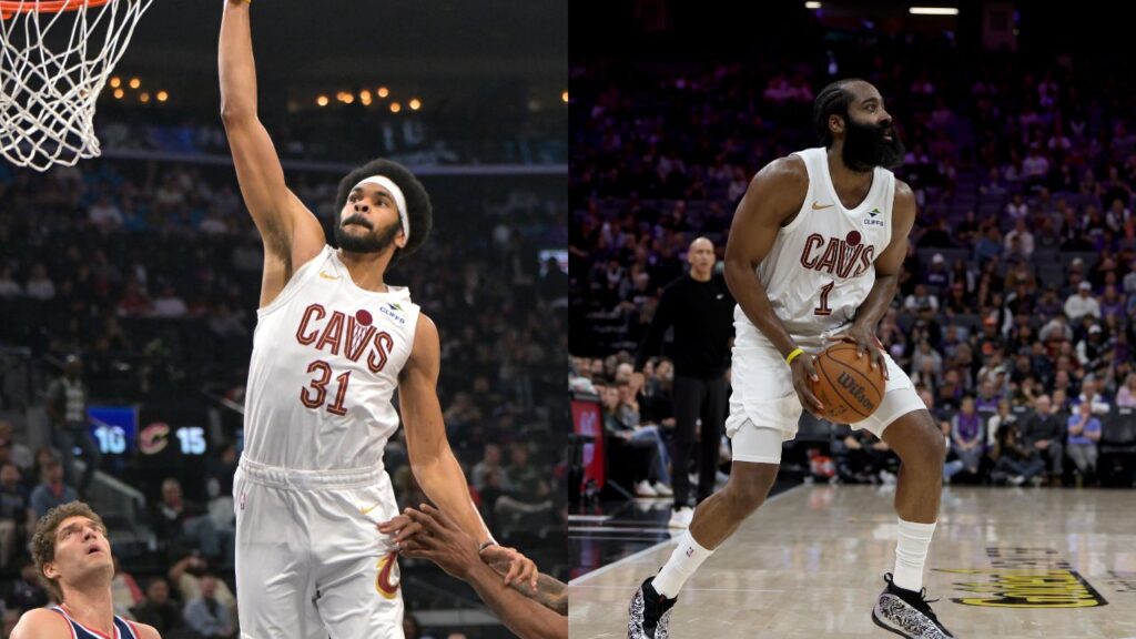 Jarrett Allen (L), James Harden (R)