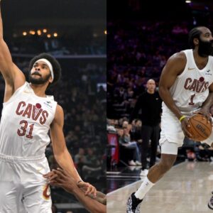 Jarrett Allen (L), James Harden (R)