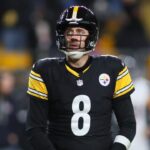 Pittsburgh Steelers quarterback Aaron Rodgers (8) looks on after being sacked during the first half of the NFL Wild Card game against the Houston Texans at Acrisure Stadium in Pittsburgh, PA on January 12, 2026.