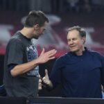 New England Patriots quarterback Tom Brady (12) and New England Patriots head coach Bill Belichick celebrate after Super Bowl LI at NRG Stadium.