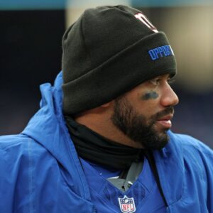 New York Giants quarterback Russell Wilson (3) stands on the sidelines against the Minnesota Vikings during the first half at MetLife Stadium.