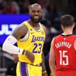 Los Angeles Lakers forward LeBron James (23) smiles at the start of the second quarter against the Houston Rockets at Toyota Center.
