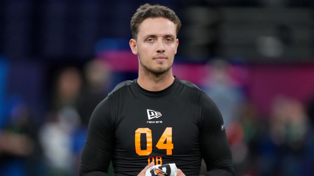 Quarterback Carson Beck (QB04) during the NFL Scouting Combine at Lucas Oil Stadium.