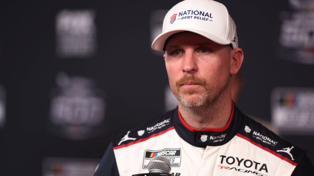 DAYTONA BEACH, FL - FEBRUARY 11: Denny Hamlin ( 11 Joe Gibbs Racing National Debt Relief Toyota) is being interviewed during Media Day for the NASCAR, Motorsport, USA Cup Series Daytona 500 on February 11, 2026 at Daytona International Speedway in Daytona Beach, FL