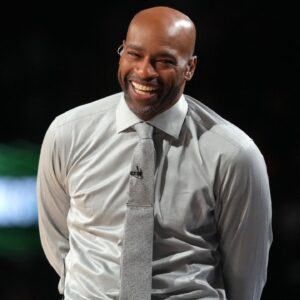 Team Vince honorary coach Vince Carter looks on during an NBA All Star Rising Stars game at Intuit Dome.