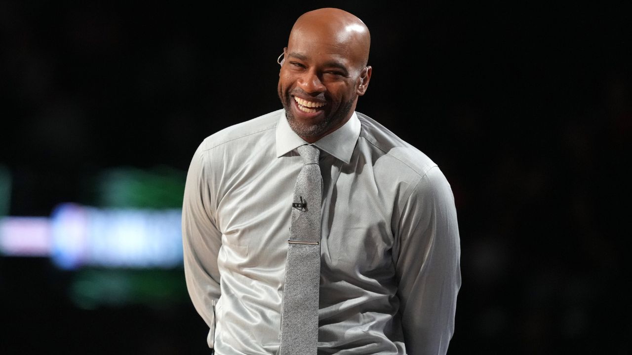 Team Vince honorary coach Vince Carter looks on during an NBA All Star Rising Stars game at Intuit Dome.
