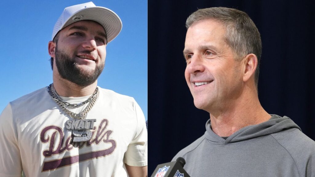 Cam Skattebo and John Harbaugh