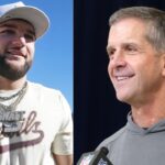 Cam Skattebo and John Harbaugh