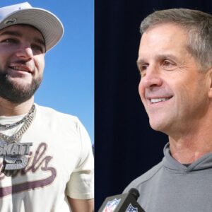 Cam Skattebo and John Harbaugh