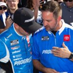Nov 2, 2025; Avondale, Arizona, USA; NASCAR Cup Series driver Denny Hamlin (11) with crew chief Chris Gayle during the NASCAR Championship race at Phoenix Raceway.