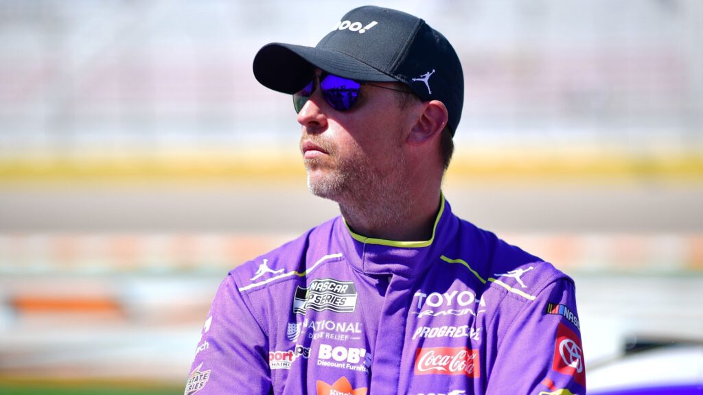 Mar 14, 2026; Las Vegas, Nevada, USA; Joe Gibbs Racing driver Denny Hamlin (11) during qualifying at Las Vegas Motor Speedway