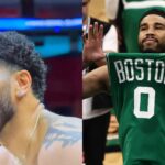 Mar 6, 2026; Boston, Massachusetts, USA; Boston Celtics forward Jayson Tatum (0) shows his jersey to the crowd before taking the court for the first quarter against the Dallas Mavericks at TD Garden.