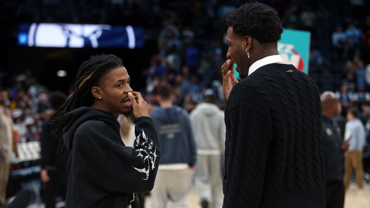 Memphis Grizzlies guard Ja Morant (left) and Utah Jazz forward Jaren Jackson Jr. (right) talk after a game at FedExForum