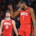 Mar 10, 2026; Houston, Texas, USA; Houston Rockets forward Kevin Durant (7) reacts after a play during the second quarter against the Toronto Raptors at Toyota Center