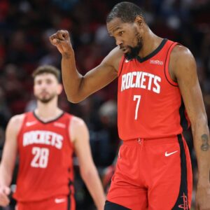 Mar 10, 2026; Houston, Texas, USA; Houston Rockets forward Kevin Durant (7) reacts after a play during the second quarter against the Toronto Raptors at Toyota Center