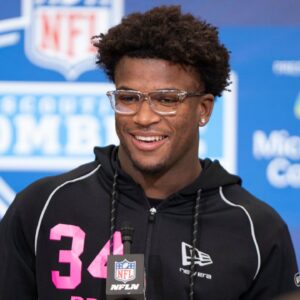Ohio State defensive back Caleb Downs (DB34) speaks to members of the media during the NFL Combine at the Indiana Convention Center.