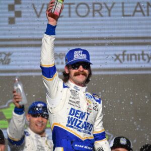 Mar 8, 2026; Avondale, Arizona, USA; Team Penske driver Ryan Blaney (12) celebrates his victory of the Straight Talk Wireless 500 at Phoenix Raceway