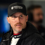 Feb 13, 2026; Daytona Beach, Florida, USA; NASCAR Cup Series driver Denny Hamlin during practice for the Daytona 500 at Daytona International Speedway. Mandatory Credit: Mark J. Rebilas-Imagn Images