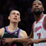 Houston Rockets forward Kevin Durant (7) defends against Miami Heat guard Tyler Herro (14) during the fourth quarter at Kaseya Center.