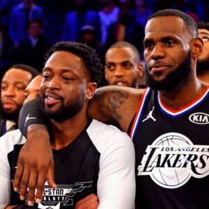 Feb 17, 2019; Charlotte, NC, USA; Team Lebron forward Lebron James of the Los Angeles Lakers (23) and Team Lebron guard Dwayne Wade of the Miami Heat (3) after the 2019 NBA All-Star Game at Spectrum Center