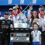 Mar 1, 2026; Austin, Texas, USA; NASCAR Cup Series driver Tyler Reddick (45) and his family celebrate winning the NASCAR Cup Series Duramax Texas Grand Prix Powered by RelaDyne at Circuit of the Americas.
